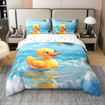 100% Cotton 3D Cartoon Duck Duvet Cover Blue Watercolor Clear Sea Waves Bedding Set for Kids Boys Girls Teens Tropical Tree Cute Animal Summer Theme Comforter Cover,2 Pillowcases(No Comforter) King