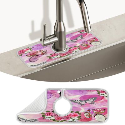 Eiffel Tower Red Pink Sink Mat for Kitchen Faucet Paris Aesthetic Absorbent Sink Drain Mat Faucet Handle Drip Catcher Microfiber Splash guard for Kitchen Sink Area