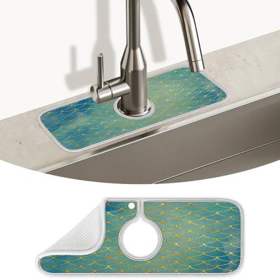 Turquoise Gold Fish Scale Faucet Mat Splash Guard Kitchen Sink Faucet Mat Microfiber Drip Catcher for Bathroom RV Kitchen Faucet