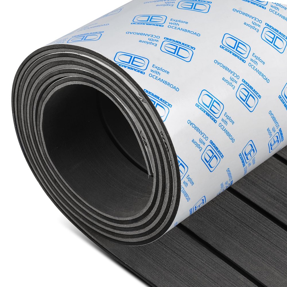 OCEANBROAD Boat Flooring EVA Foam Self-Adhesive 96''x36'' Faux Teak Marine Boat Decking Sheet for Jon Boats Yacht Floor, Dark Gray with Black Seam Lines