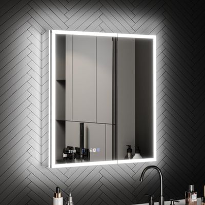 ExBrite 30 x 32 Lighted Medicine Cabinet with Mirror, Front&Backlit led Medicine Cabinet,Clock Temp Display,Defog,5X Magnifier,3 Colors Temper Dimmable,Surface or Recessed Mount,Door Wide Open