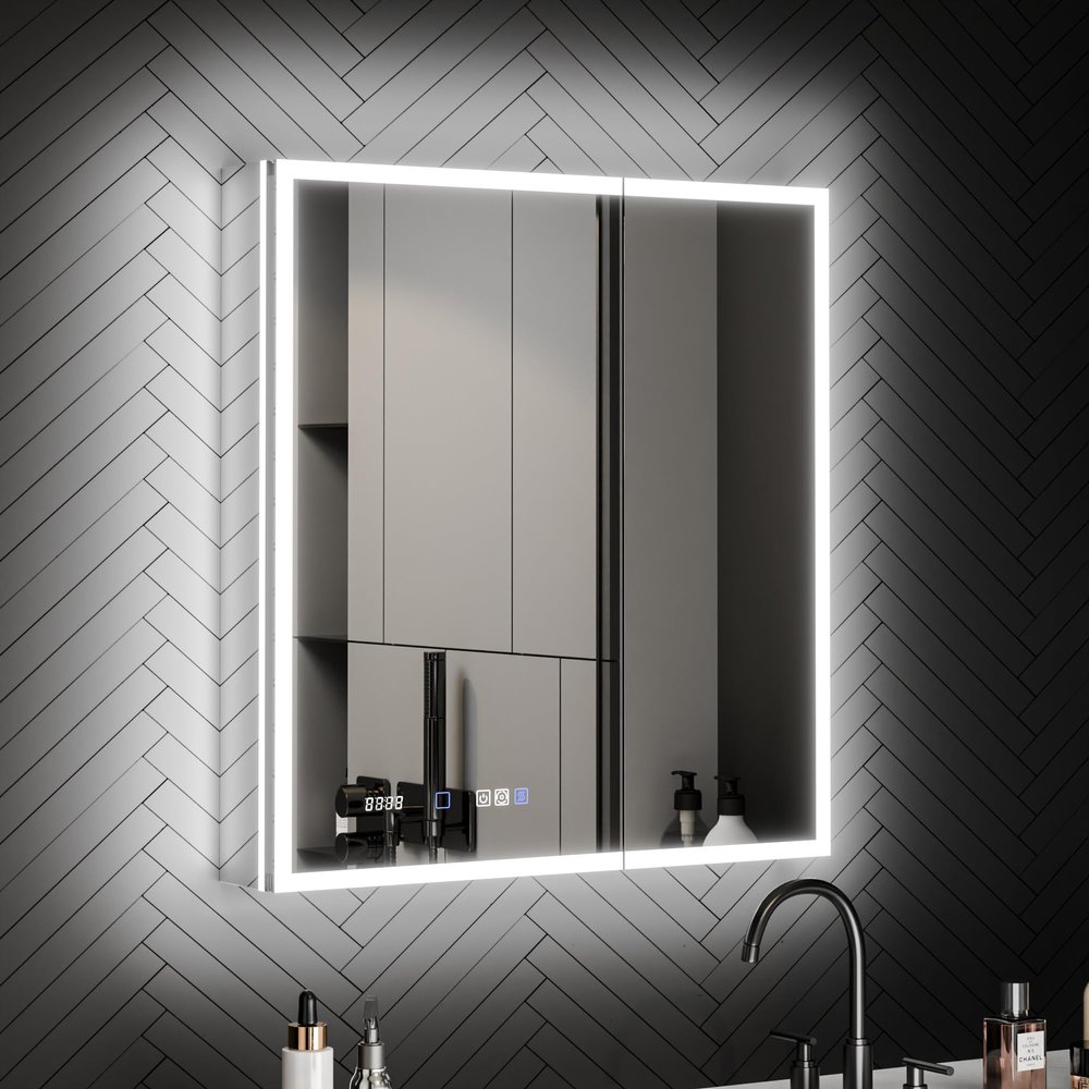 ExBrite 30 x 32 Lighted Medicine Cabinet with Mirror, Front&Backlit led Medicine Cabinet,Clock Temp Display,Defog,5X Magnifier,3 Colors Temper Dimmable,Surface or Recessed Mount,Door Wide Open