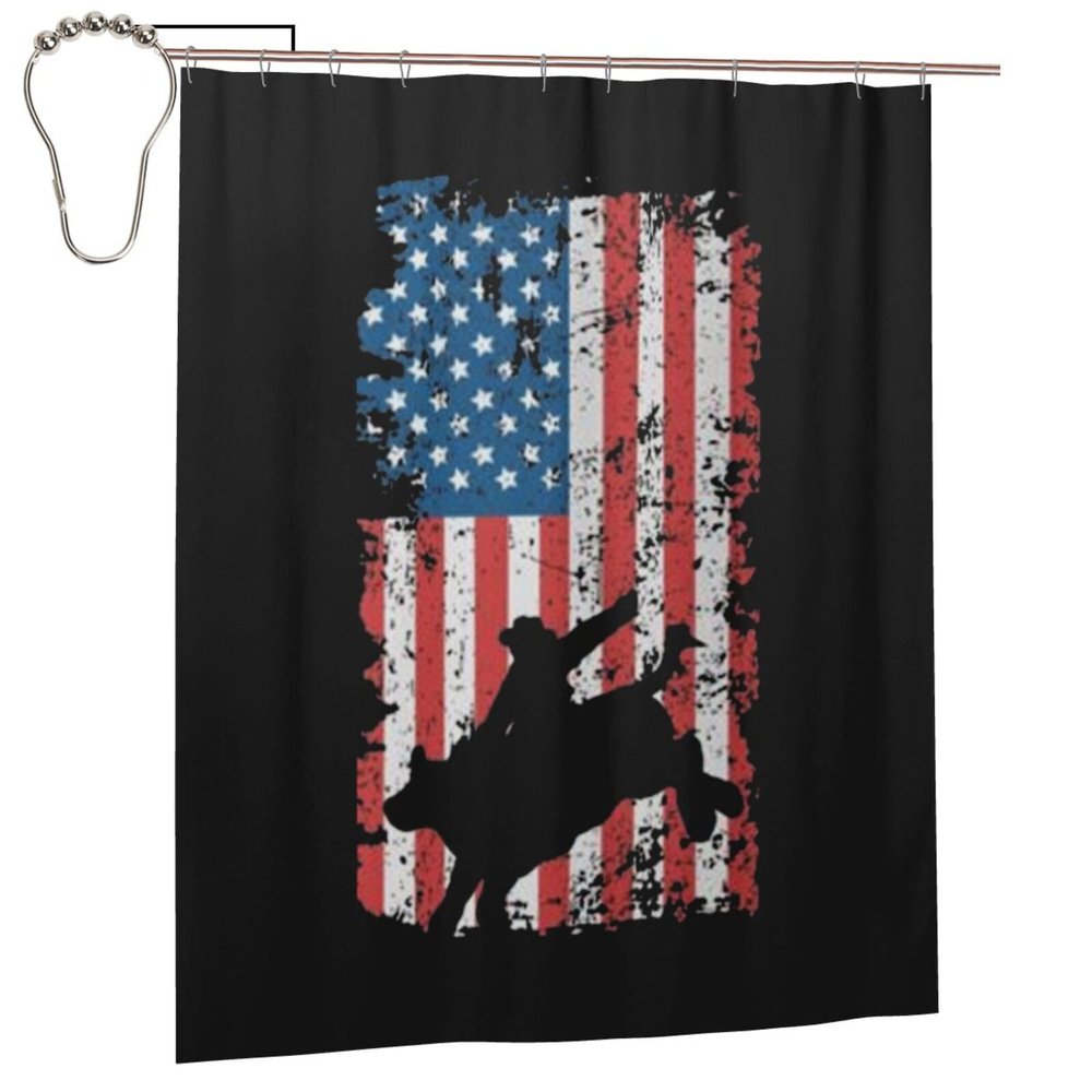 CHENYONAS Bull Riding Us Flag Bull Rider Bathroom Fabric Shower Curtain with 12 Buckles and Hooks, Washable, Waterproof, 60x72 Inches Black