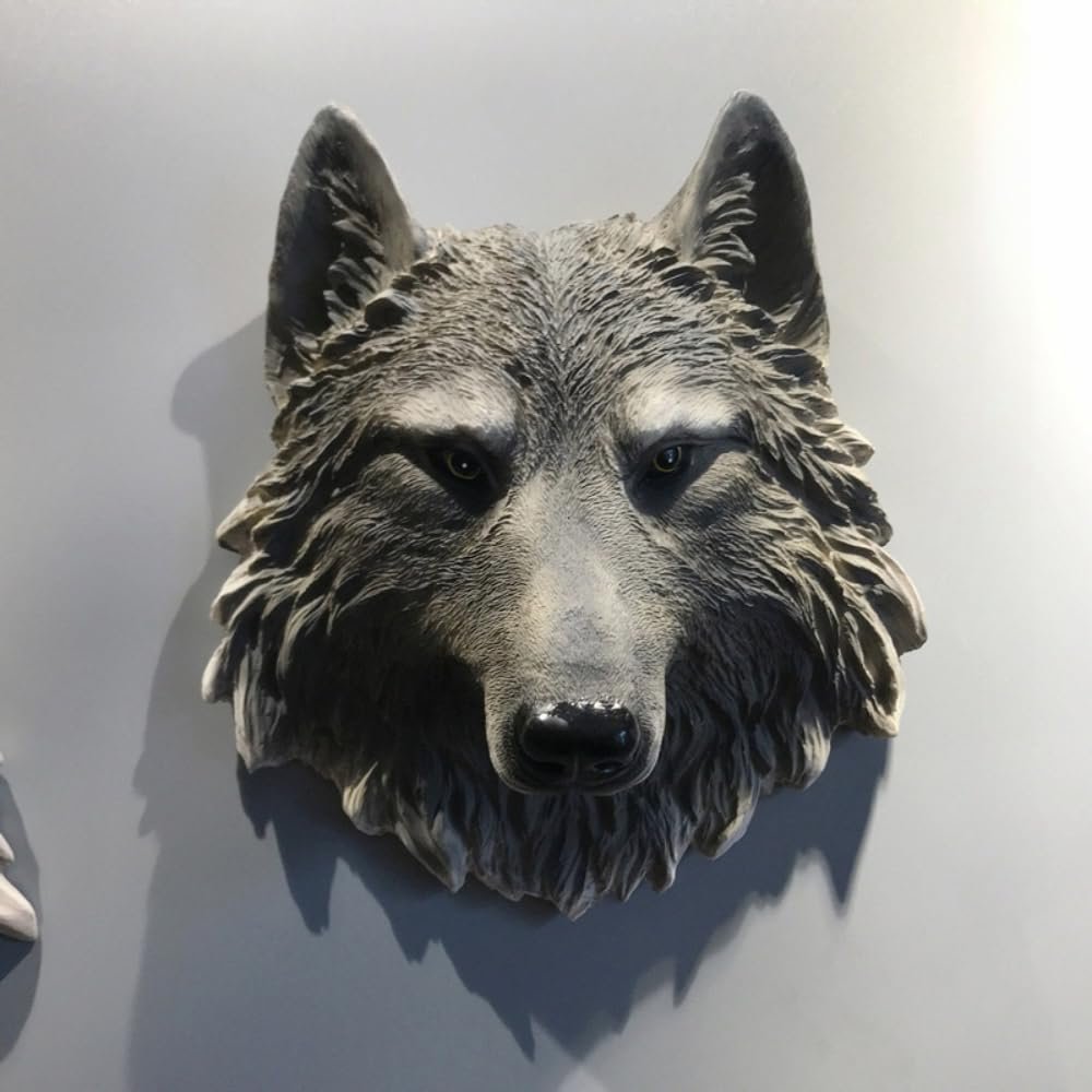 Animal Heads Wall Decor, Tiger Lion Deer Head Wall Mount, Animal Sculptures Wall Decor, Resin Animal Head Wall Hanging Decoration for Living Room Bedroom Kitchen Bar (Wolf Head)