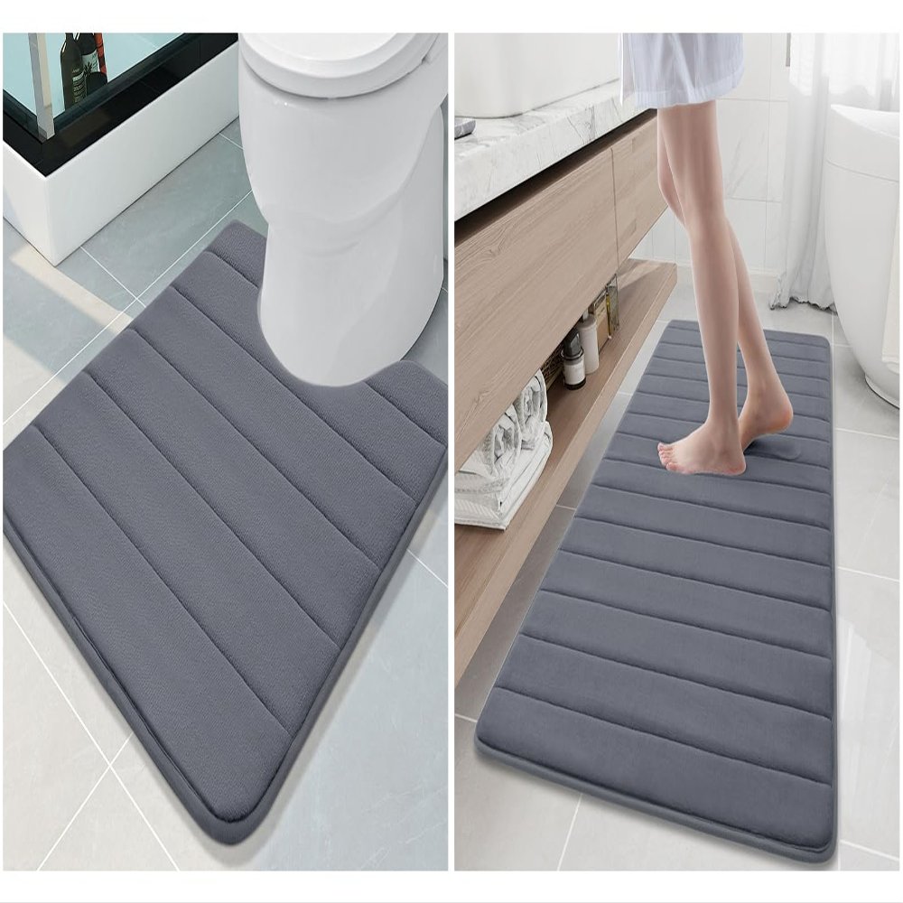 Buganda Meomry Foam Bathroom Mat and Toilet Rugs U-Shaped, Bath Rug Size 60 x 24 and Toilet Rugs Size 24 x 20 in Dark Grey, 2 Item Bundle