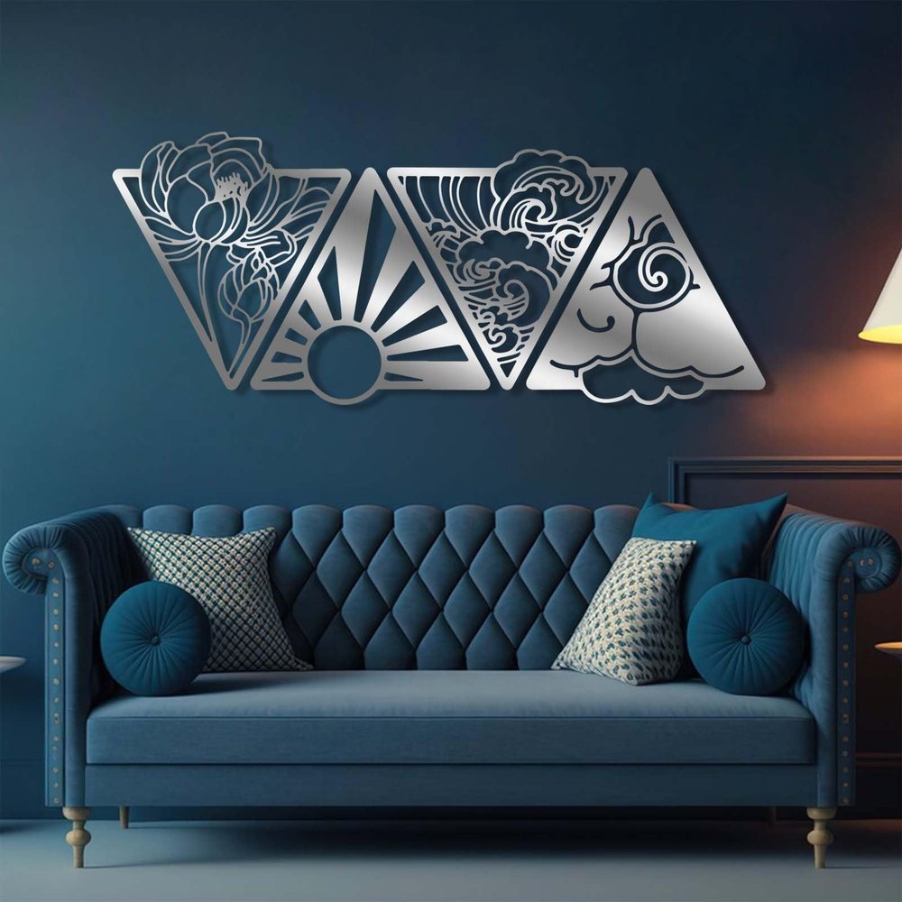 4 Elements Symbols Wall Decor, Four Elements Wall Art, Kinetic Wall Art, Fourth Element, Flower, Sun, Water, Air, Triangular Four Elements Symbols, Wall Decor Living Room (Silver, 48"x20"|121x51cm)