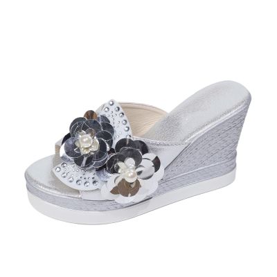 YEGBFLFF Flower Rhinestone Wedge Sandals for Womens Trendy Glitter High Heel Platform Sandals Open Toe Crystal Jeweled Sandal Mules (Silver,6)