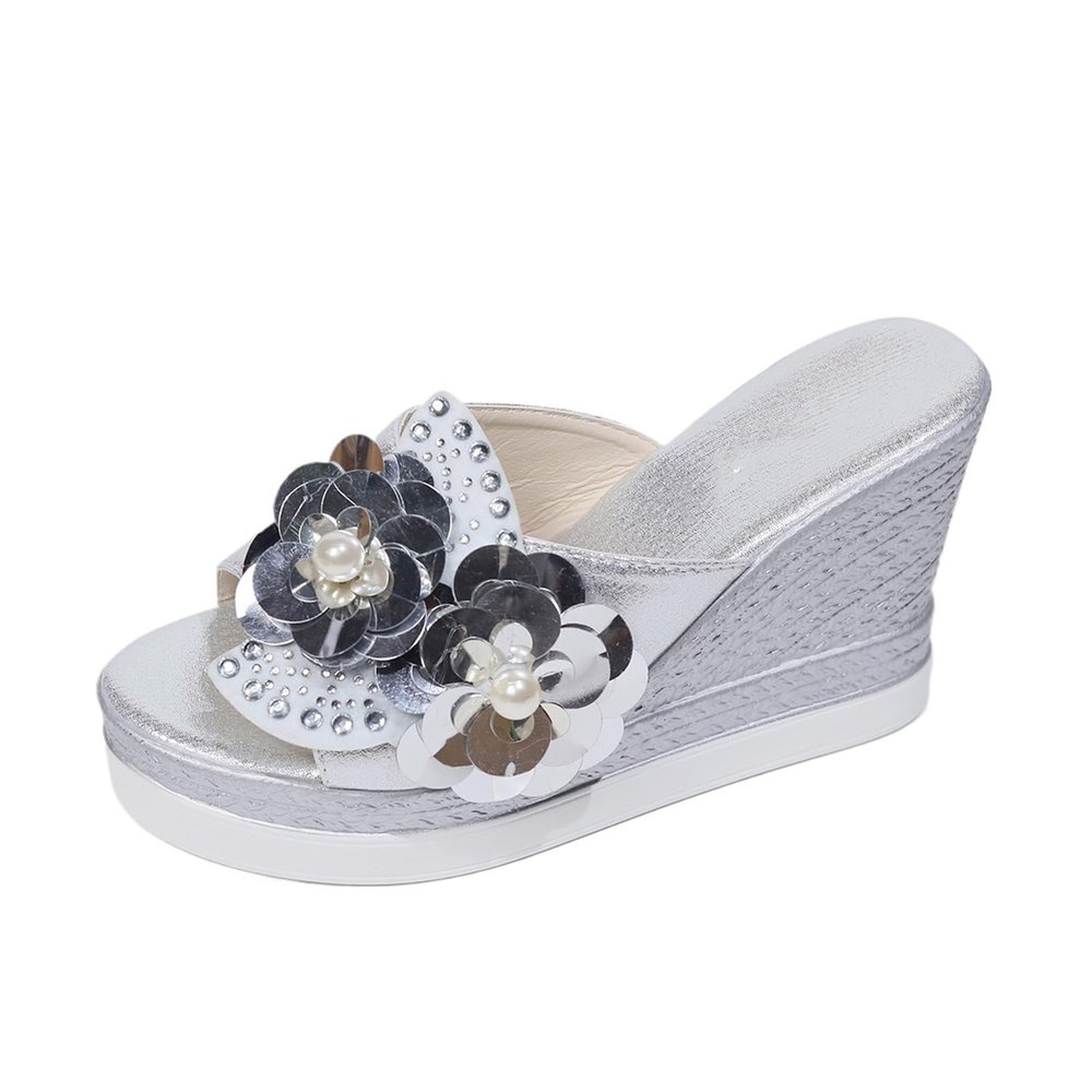 YEGBFLFF Flower Rhinestone Wedge Sandals for Womens Trendy Glitter High Heel Platform Sandals Open Toe Crystal Jeweled Sandal Mules (Silver,6)