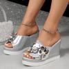 YEGBFLFF Flower Rhinestone Wedge Sandals for Womens Trendy Glitter High Heel Platform Sandals Open Toe Crystal Jeweled Sandal Mules (Silver,6) view 4