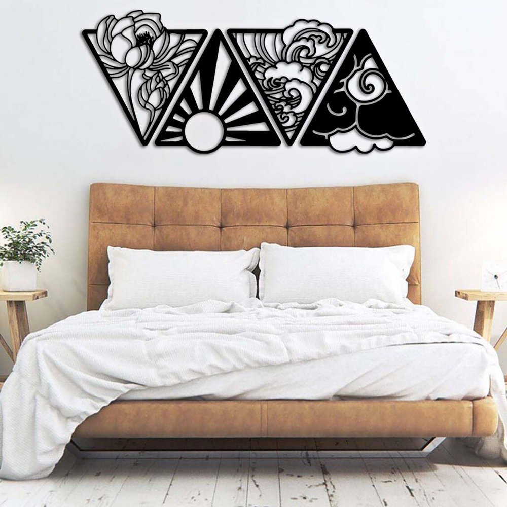 4 Elements Symbols Wall Decor, Four Elements Wall Art, Kinetic Wall Art, Fourth Element, Flower, Sun, Water, Air, Triangular Four Elements Symbols, Wall Decor Living Room (Black, 53"x22"|135x56cm)