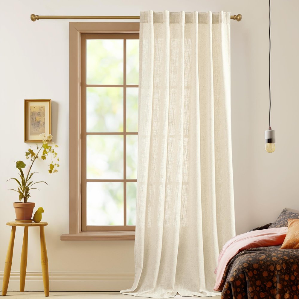 Deconovo Extra Long Back Tab and Rod Pocket Sheer Curtains for Bedroom, Solid Faux Linen Textured Curtains for Living Room, 52 Inch Width Semi Transparent Curtains for Studio 1pc,52x120 Inch Brich