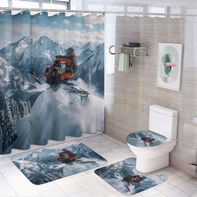 HDESDIS 4Pcs Nature Snow Forest Shower Curtain Sets with Rugs, Toilet Lid Cover and Bath Mat, Winter Mountain Snowmobile Bathroom Shower Curtains Set with 12 Hooks