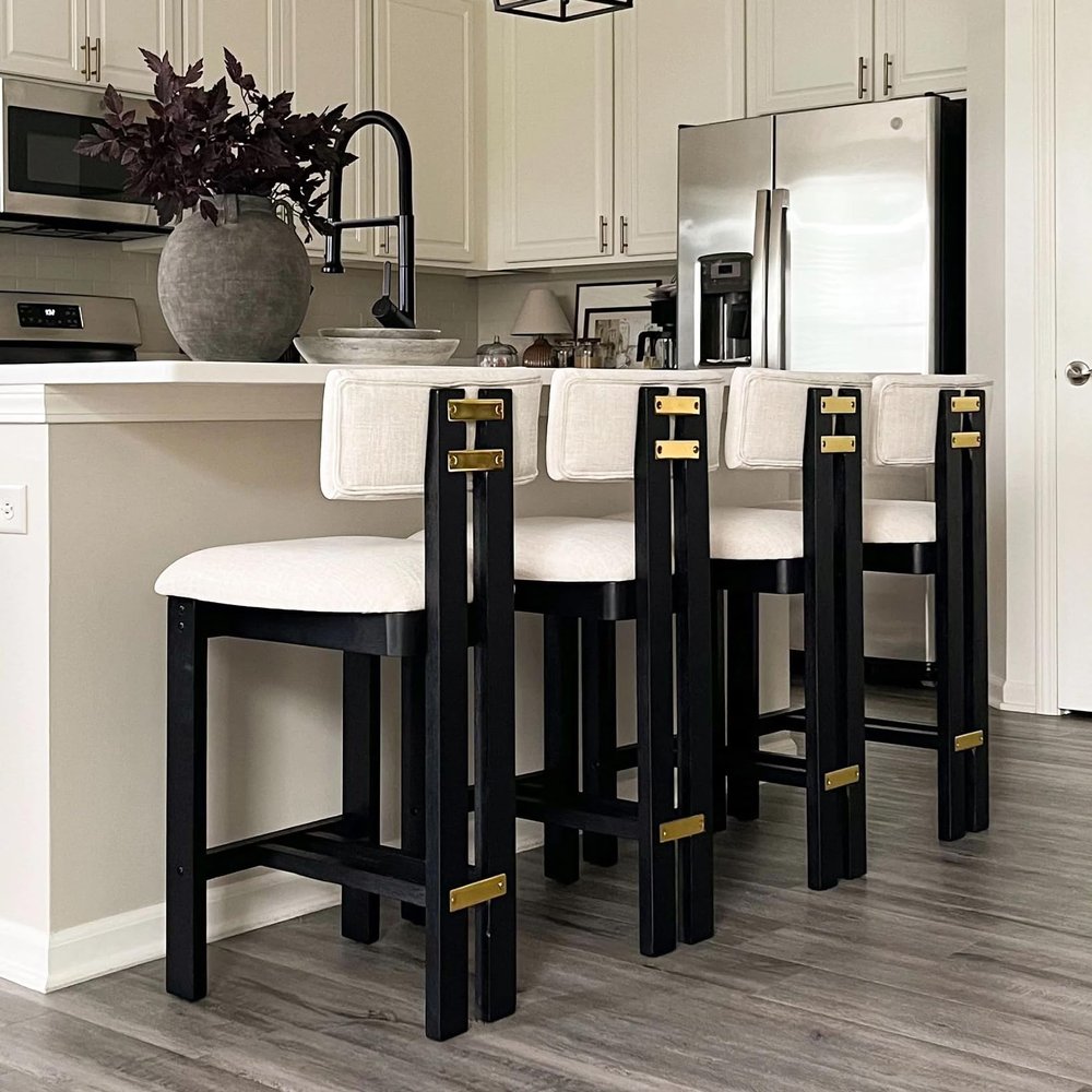 BESTANO 26 Inch Counter Stools Set of 4 Counter Height Bar Stools with Back and Black Solid Wood Legs Modern Farmhouse Linen Upholstered Kitchen Bar Stools Countertop Bar Chairs, Beige