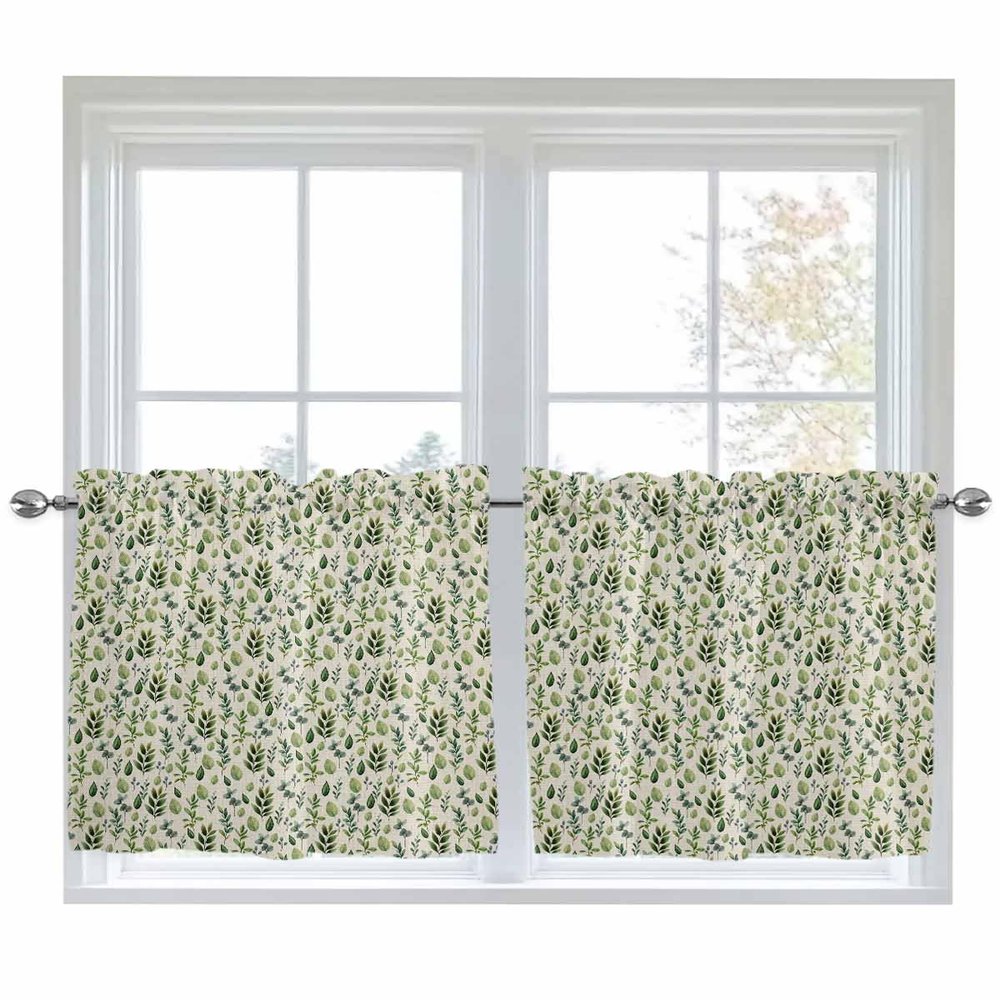 Autumn Leaves Kitchen Curtain 36 Inch Length Small Short Cafe Tiers Curtains Drape, Fall Vintage Farmhouse Eucalyptus Plant 2 Panel Window Treatment Rod Pocket Drapery Panels Curtains, 55x36