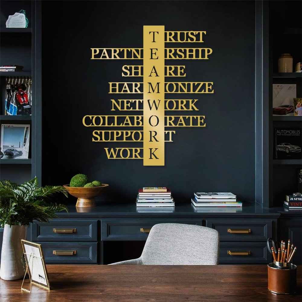 Metal Teamwork Wall Art, Metal Wall Motivational Quotes, Inspirational Wall Decor, Metal Letters, Teamwork In Business Wall Art, Word Art Wall Decor, Home Office Wall Decor (Gold, 20"x19" | 50x47cm)