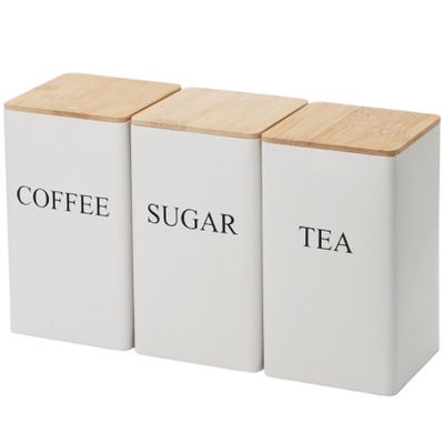 Coffee Tea Sugar Container Set of 3 Iron Tea Coffee Sugar Canister Set with Airtight Bamboo Lid and Name Marker Simple Square Kitchen Canister Set for Coffee Tea Sugar Storage White