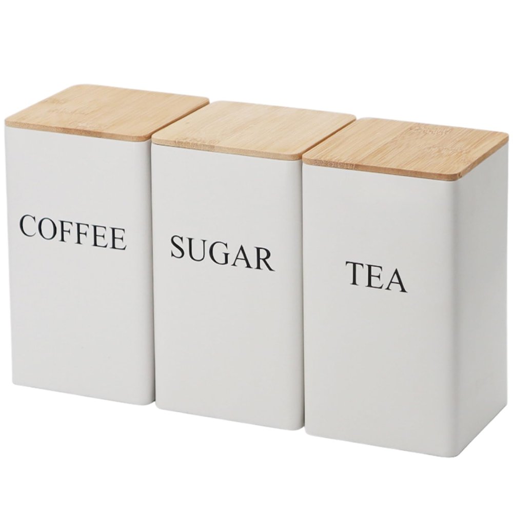Coffee Tea Sugar Container Set of 3 Iron Tea Coffee Sugar Canister Set with Airtight Bamboo Lid and Name Marker Simple Square Kitchen Canister Set for Coffee Tea Sugar Storage White