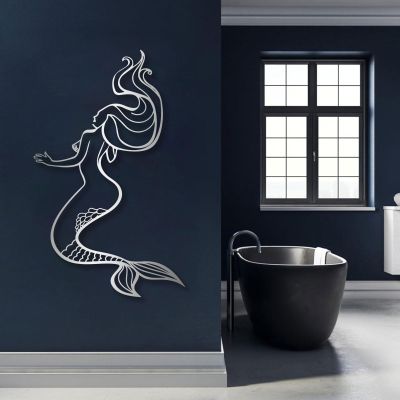 Mermaid Metal Wall Decor, Metal Mermaid Wall Art, Mermaid Large Wall Decor, Coastal Wall Art, Ocean Theme Nautical Decor, Beach Wall Art, Bathroom Metal Wall Art, Wall Decor Living Room (Silver, 59 x 36 in / 150 x 92 cm)