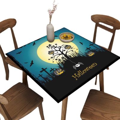AngelSept Elastic Edge Fitted Square Tablecloth, Blue Halloween Pumpkin Bat Polyester Table Cloth, for Indoor Restaurant or Outdoor Patio Party Dining, Fit for 40" x 40"Square Table