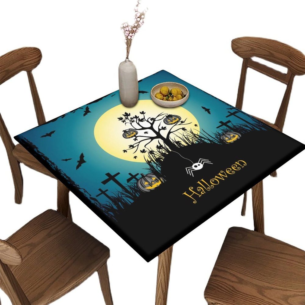 AngelSept Elastic Edge Fitted Square Tablecloth, Blue Halloween Pumpkin Bat Polyester Table Cloth, for Indoor Restaurant or Outdoor Patio Party Dining, Fit for 40" x 40"Square Table