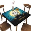 AngelSept Elastic Edge Fitted Square Tablecloth, Blue Halloween Pumpkin Bat Polyester Table Cloth, for Indoor Restaurant or Outdoor Patio Party Dining, Fit for 40" x 40"Square Table view 1