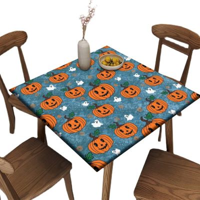 AngelSept Square Fitted Elastic Edge Table Cloths, Halloween Pumpkin Polyester Table Cover, for Outdoor Picnic Camping and Indoor Kitchen Dining Party, Fit for 40" x 40"Square Table