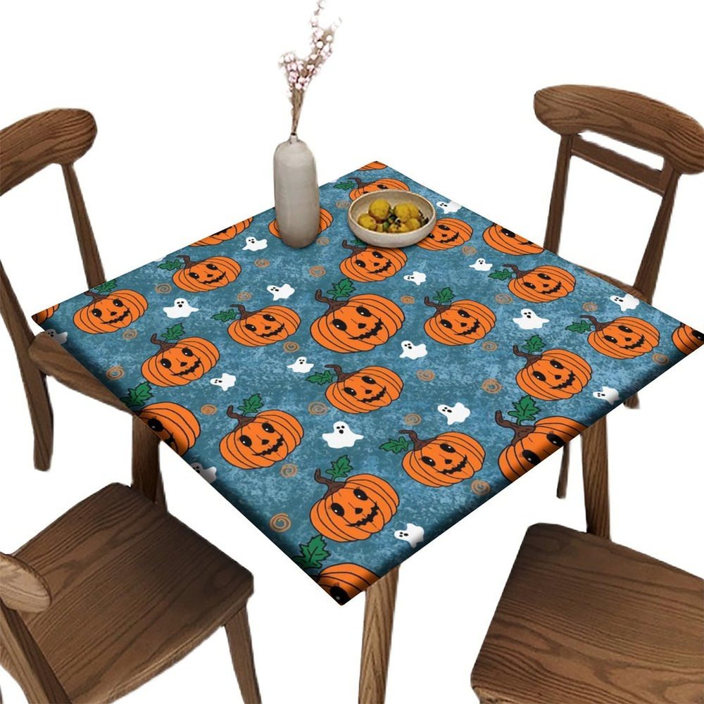 AngelSept Square Fitted Elastic Edge Table Cloths, Halloween Pumpkin Polyester Table Cover, for Outdoor Picnic Camping and Indoor Kitchen Dining Party, Fit for 40" x 40"Square Table