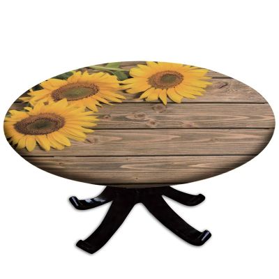 AngelSept Fitted Elastic Edge Round Tablecloths, Wood Grain Sunflower Polyester Table Cloth, for Indoor Outdoor Kitchen Home Party Dinner Patio, Fit for 52" Table