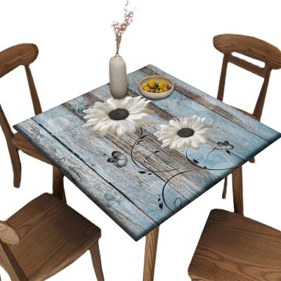 AngelSept Square Fitted Elastic Edge Table Cloths, Teal and White Daisy Flower Polyester Table Cover, for Outdoor Picnic Camping and Indoor Kitchen Dining Party, Fit for 42" x 42"Square Table