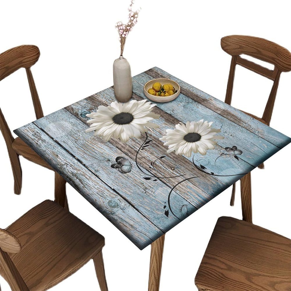 AngelSept Square Fitted Elastic Edge Table Cloths, Teal and White Daisy Flower Polyester Table Cover, for Outdoor Picnic Camping and Indoor Kitchen Dining Party, Fit for 42" x 42"Square Table