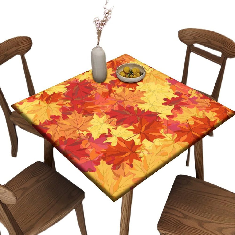 AngelSept Square Fitted Elastic Edge Table Cloths, Autumn Maple Leaves Fall Polyester Table Cover, for Indoor Restaurant or Outdoor Patio Party Dining, Fit for 24" x 24"Square Table