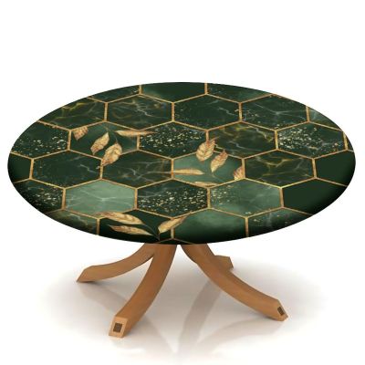 AngelSept Elastic Edge Fitted Round Tablecloth, Green Gilded Marble Polyester Table Cover, for Outdoor Patio and Indoor Kitchen Dining Party, Fit for 40" Table