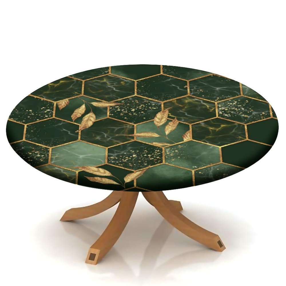 AngelSept Elastic Edge Fitted Round Tablecloth, Green Gilded Marble Polyester Table Cover, for Outdoor Patio and Indoor Kitchen Dining Party, Fit for 40" Table