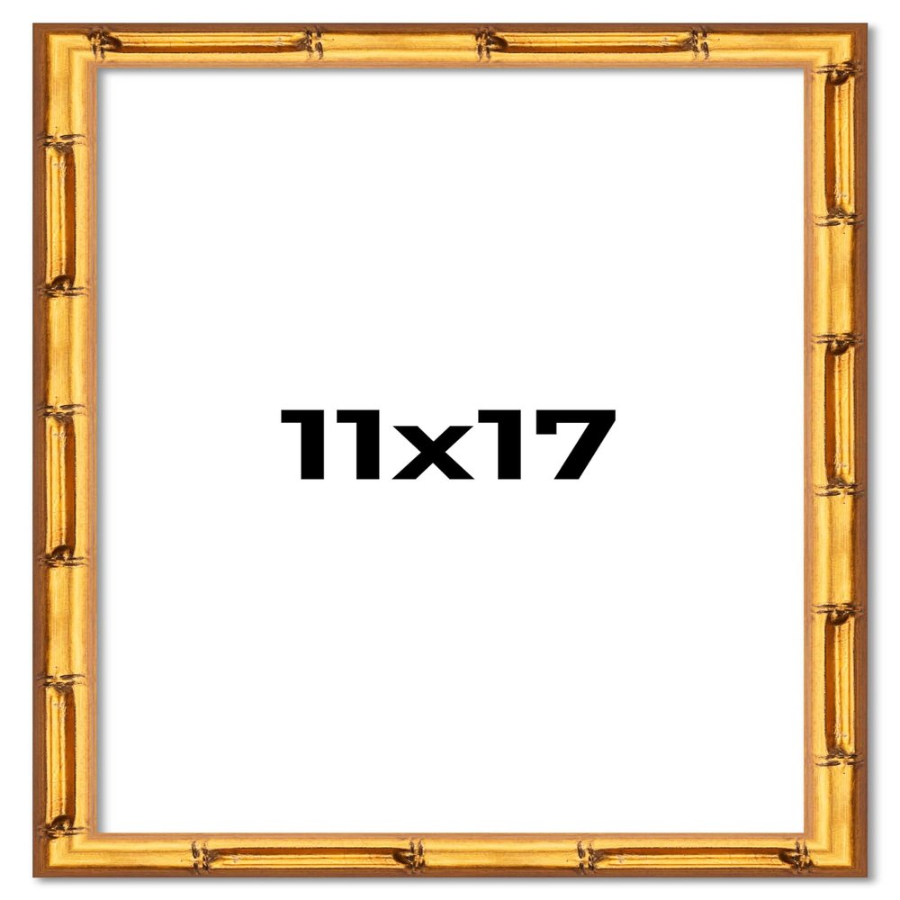 11x17 Frame Gold Bamboo Solid Wood Picture Frame | 0.75 Inch Moulding Width | Interior Frame Depth 0.625 Inches | Complete with UV Acrylic Plexiglass, Foam Board Backing & Hanging Hardware