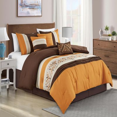 Chezmoi Collection Maple 7-Piece Orange Brown Geometric Embroidery Pleated Striped Comforter Bedding Set, King Size