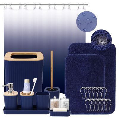 XLHOMO Bathroom Accessory SetBathroom Sets with Shower Curtain and Rugs, No Slip Bathroom Rugs Super Absorbent, Blue Ombre Water-Proof Shower Curtain with Hooks, Blue Bathroom Sets Complete for Home