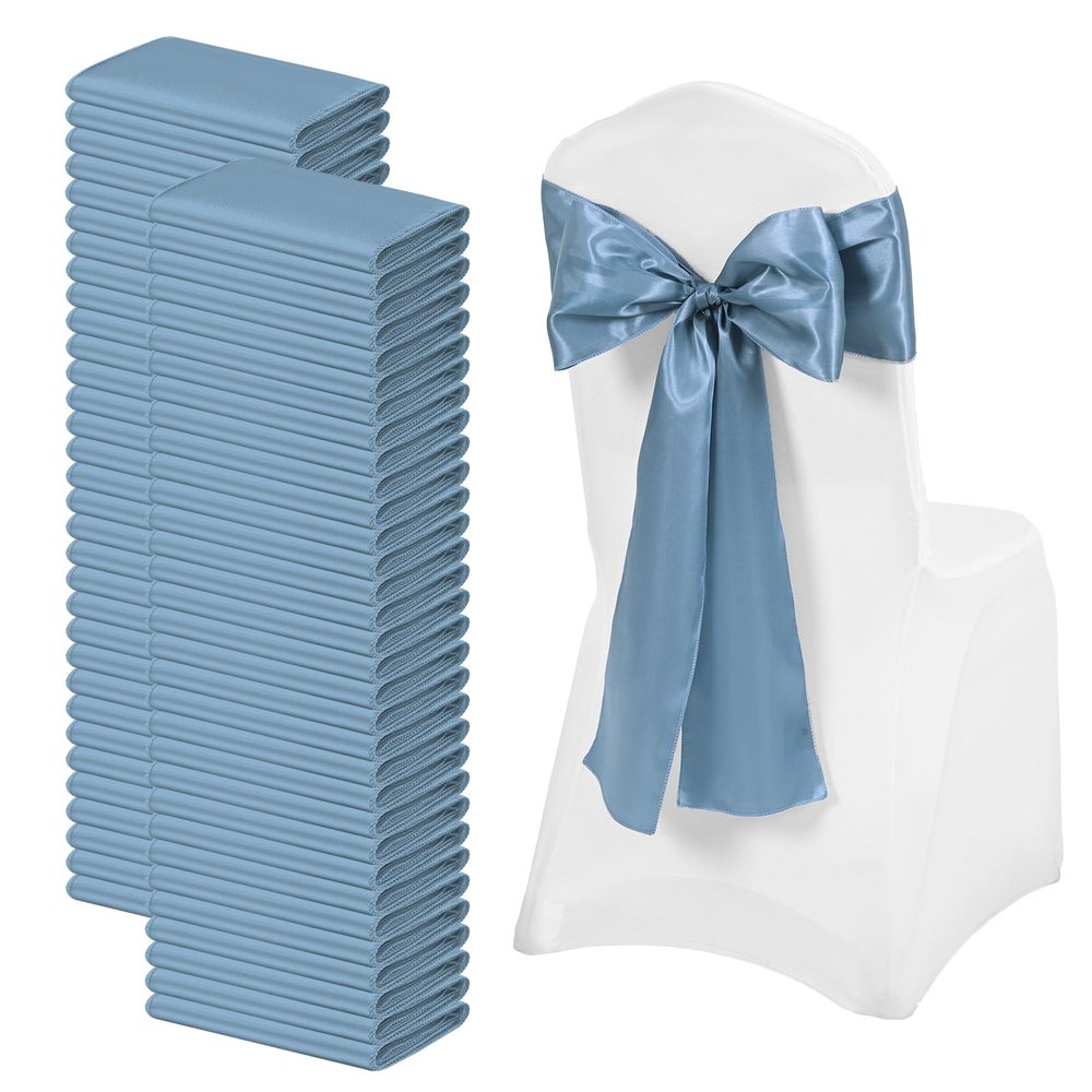 FXKS 100 PCS Satin Chair Sashes Bows for Wedding Reception, Dusty Blue Universal Decoration Chair Cover Back Tie Supplies, Washable Reusable Chairs Ribbons for Wedding Events Banquets (7 x 108 inch)