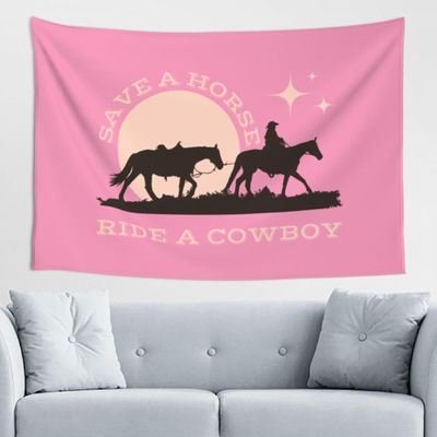 Maikeway Western Horse Tapestry Save A Horse Ride A Cowboy Tapestry Pink Flag 60x40 Wall Hanging Tapestry For Bedroom Living Room Dorm Banner Sign