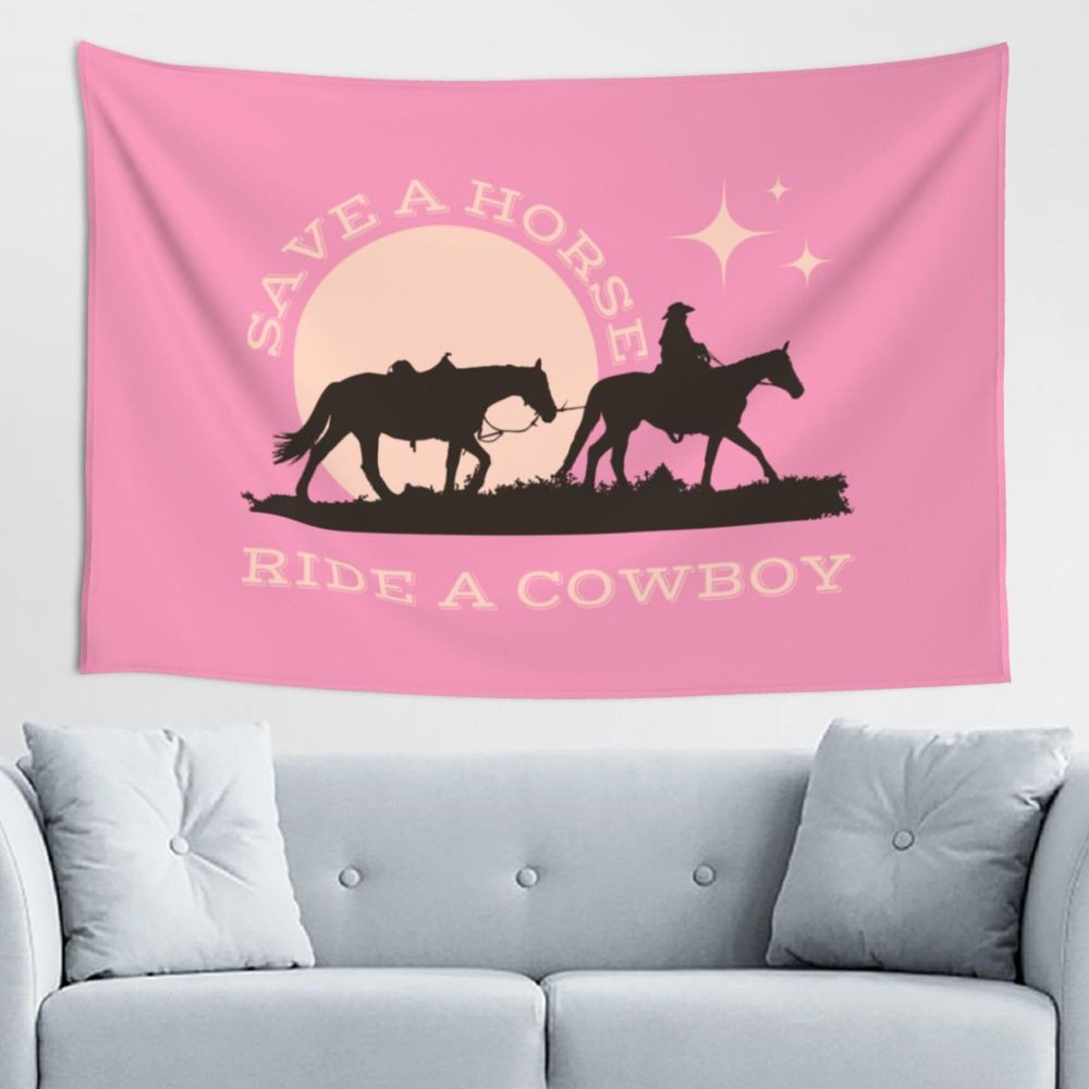 Maikeway Western Horse Tapestry Save A Horse Ride A Cowboy Tapestry Pink Flag 60x40 Wall Hanging Tapestry For Bedroom Living Room Dorm Banner Sign