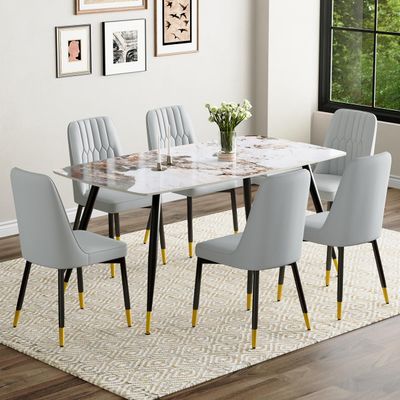 MUUOKY 6 Person Dining Table Set, Sintered Stone Dining Table Set for 6, Kitchen Table Chairs Set of 6, Easy to Assemble