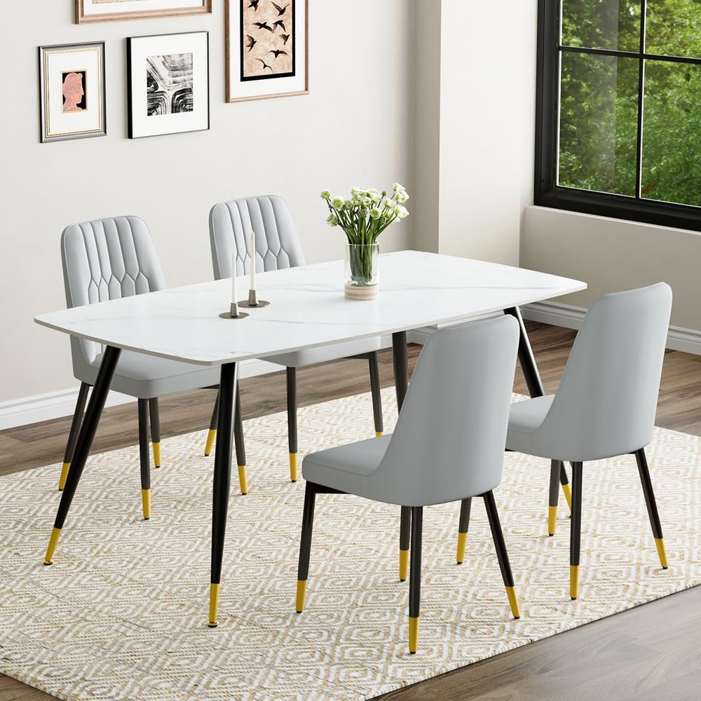 MUUOKY White Dining Table Set for 4, 62'' Dining Table Set for 4, Sintered Stone Dining Room Sets for 4, Easy to Assemble