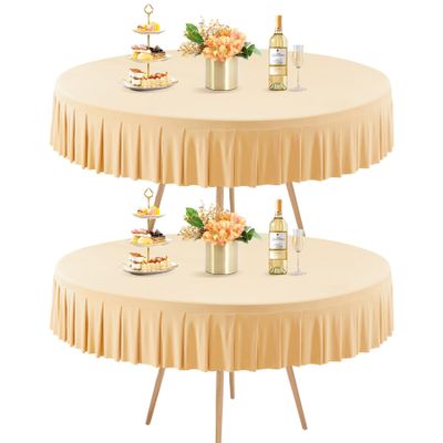 2 Pack Champagne Spandex Round Tablecloths for 60 inch Tables, Stretchy Fitted 5FT Round Table Cloths with Skirt for Wedding Party Dining Banquet