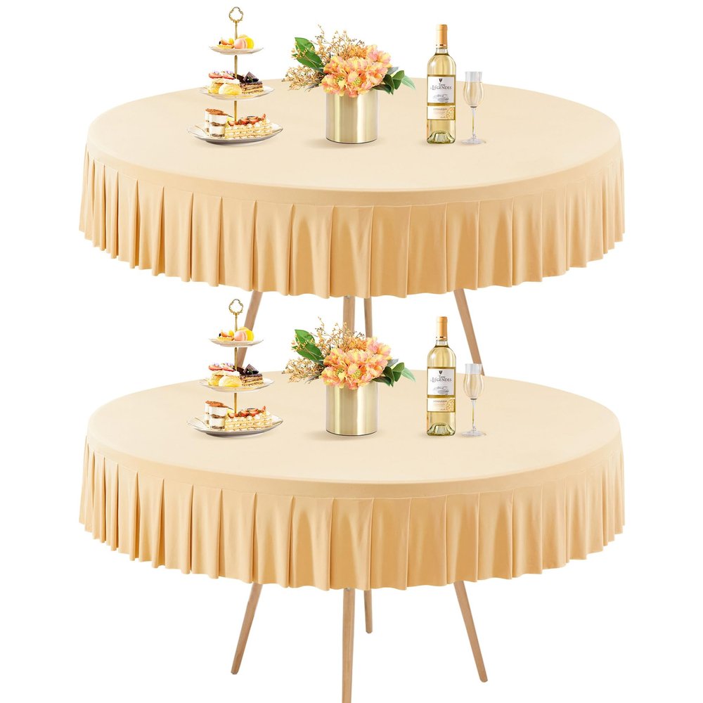 2 Pack Champagne Spandex Round Tablecloths for 60 inch Tables, Stretchy Fitted 5FT Round Table Cloths with Skirt for Wedding Party Dining Banquet