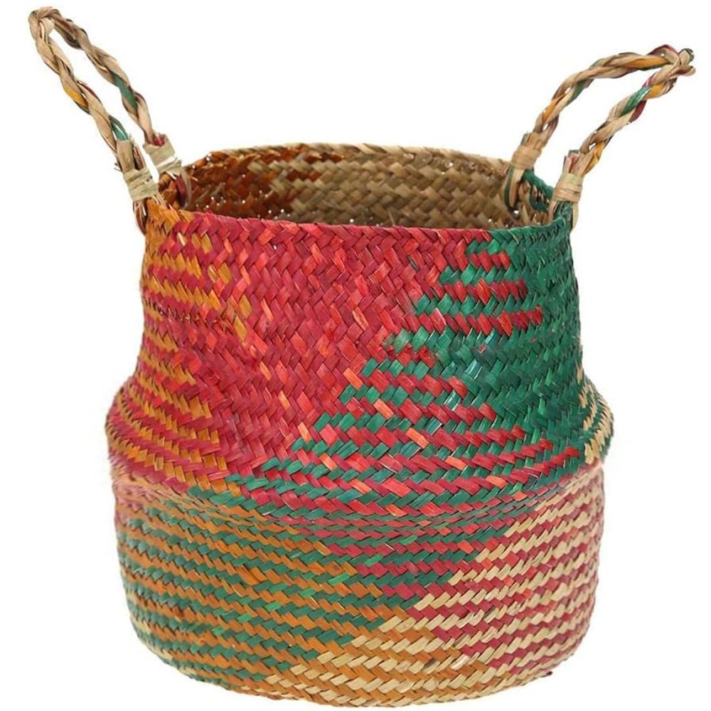 Hperu Seagrass Storage Basket Seagrass Belly Storage Basket with Handles Woven Foldable Storage Pot Plant Basin Cover for Laundry Groceries Picnic Beach Bag (S), 22*20cm
