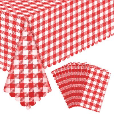 12 Pack Red Gingham Tablecloths, 54 X 108Inch Plastic Red and White Checkered Tablecloth Disposable Picnic Table Cloths Waterproof Outdoors Tablecloth for Camping Picnic Barbecue Birthday Party