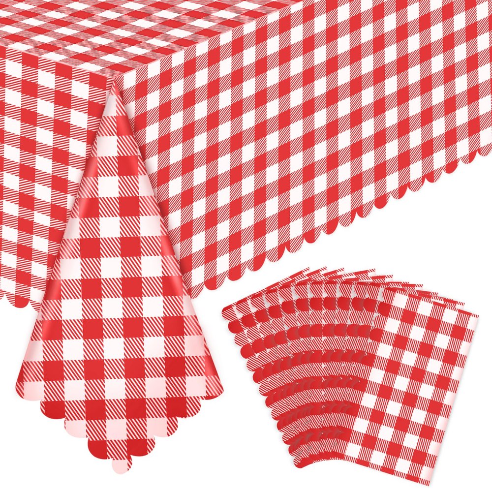 12 Pack Red Gingham Tablecloths, 54 X 108Inch Plastic Red and White Checkered Tablecloth Disposable Picnic Table Cloths Waterproof Outdoors Tablecloth for Camping Picnic Barbecue Birthday Party