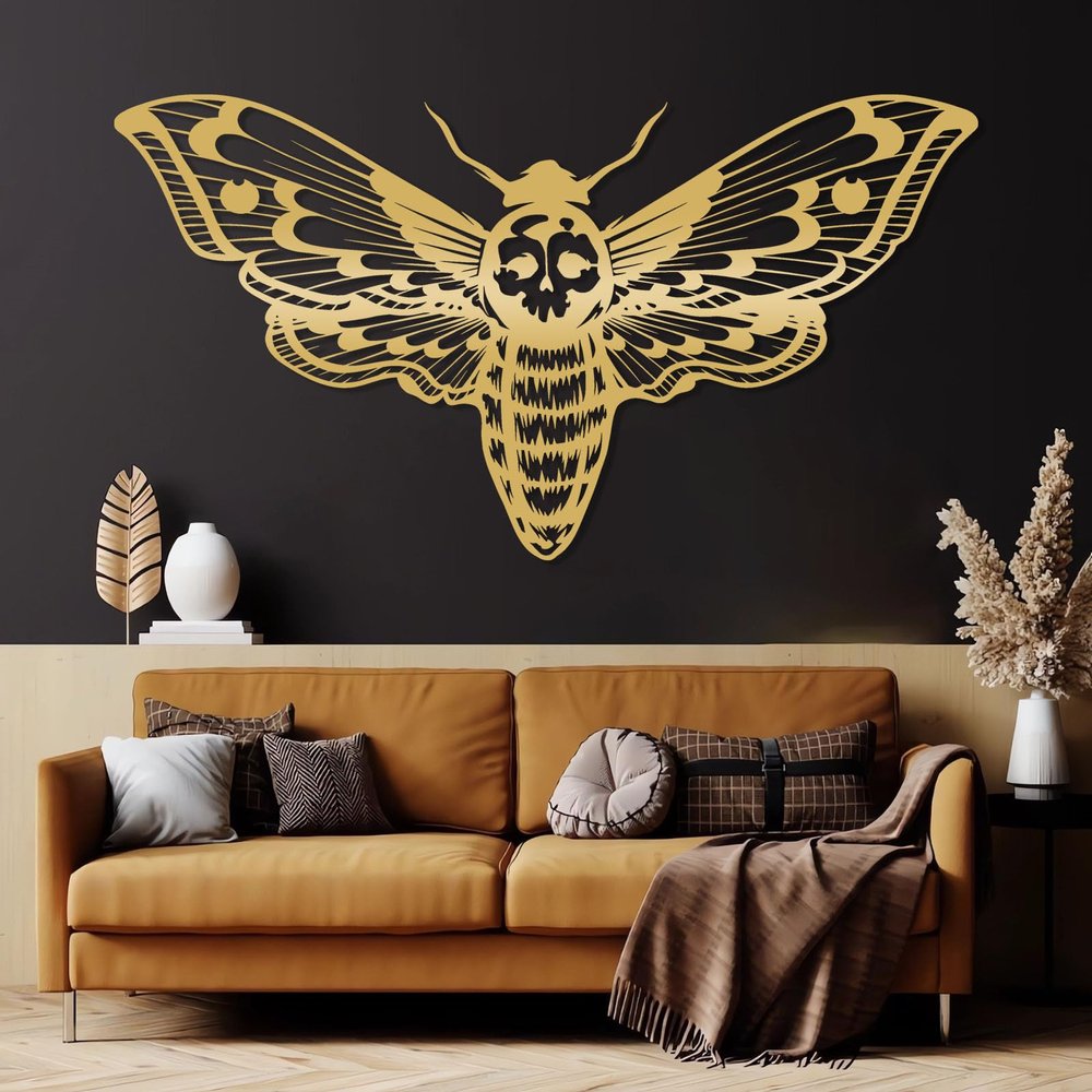 Death Head Moth Metal Wall Art, Death Head Moth Wall Decor, Gothic Wall Decor, Skull Moth Wall Art, Halloween Decor, Housewarming Gift, Living Room Bedroom Wall Decor (Gold, 13"x24"|32x60cm)