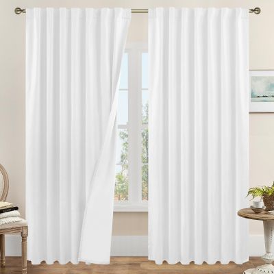 LAMIT White 100% Blackout Linen Curtains 84 Inches Long, Linen Textured Living Room Farmhouse Curtains Full Room Darkening Back Tab and Rod Pocket Panels with White Liner, 2 Panels, 60 x 84 Inch