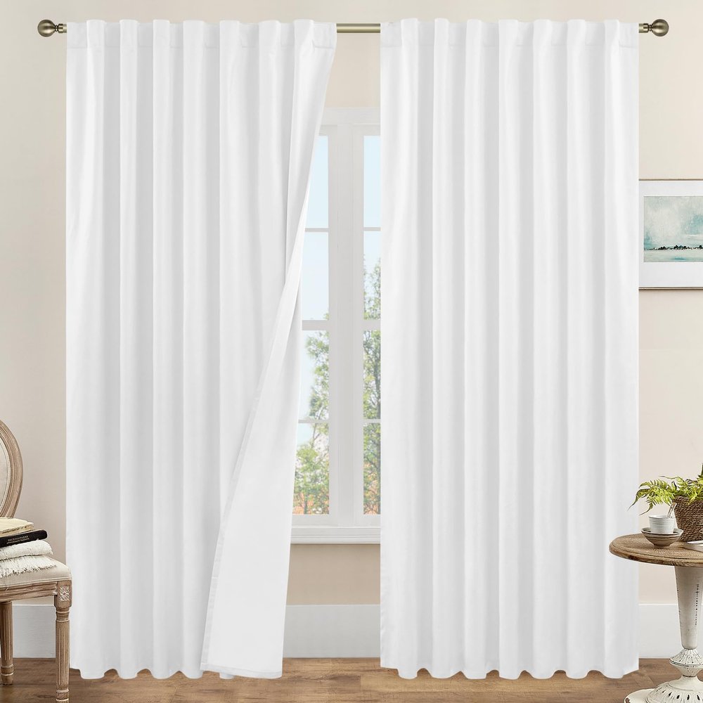 LAMIT White 100% Blackout Linen Curtains 84 Inches Long, Linen Textured Living Room Farmhouse Curtains Full Room Darkening Back Tab and Rod Pocket Panels with White Liner, 2 Panels, 60 x 84 Inch