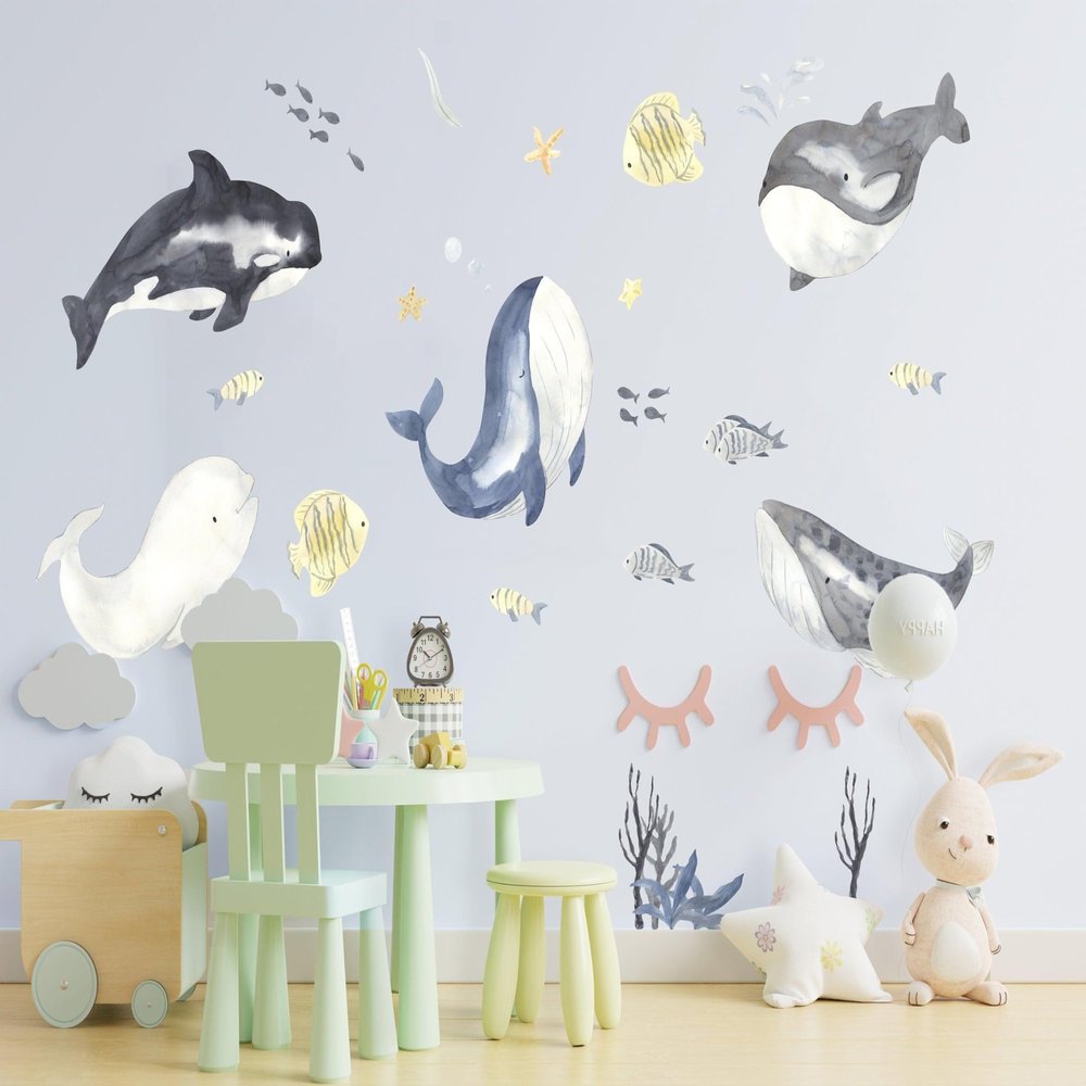 Ocean Whales Wall Sticker For Kids Room Decor - The Under Sea Life Baby Boy Nursery Decal